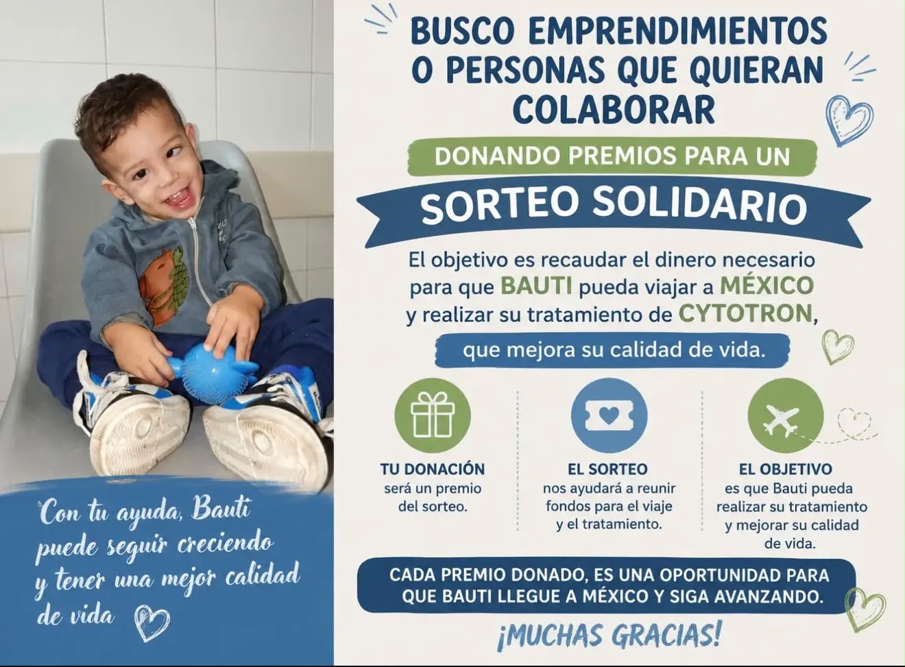 Todos por Bautista: una campaña solidaria para ayudarlo a viajar a México y mejorar su calidad de vida