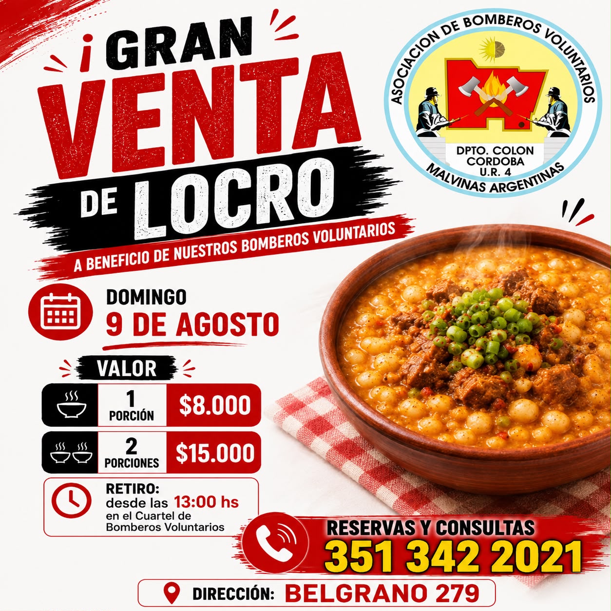 Gran venta de locro a beneficio de los Bomberos Voluntarios de Malvinas Argentinas